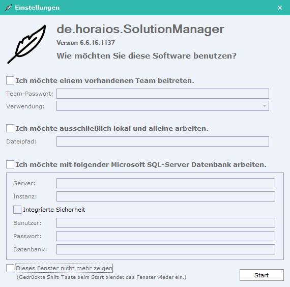 Dialog Einstellungen von SolutionManager mit drei Optionen: einem vorhandenen Team beitreten, ausschließlich lokal und alleine arbeiten, mit einer Microsoft SQL-Server Datenbank arbeiten.
