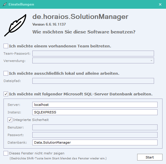Dialog Einstellungen ausgefüllt: SQL-Server-Option gewählt, Server localhost, Instanz SQLEXPRESS, Integrierte Sicherheit angehakt, Datenbank Data.SolutionManager.