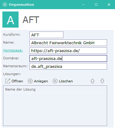 Dasselbe Formular nach dem Verlassen des Feldes: Homepage https://aft-praezisa.de/ als Link, Domäne aft-praezisa.de, Namensraum de.aft_praezisa.