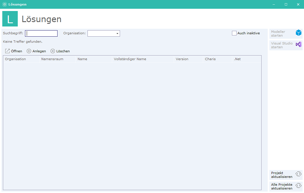 Fenster Lösungen mit Suchbegriff, Filter Organisation, Kontrollkästchen Auch inaktive, leerer Tabelle und rechts den Aktionen Modeller starten, Visual Studio starten, Projekt aktualisieren und Alle Projekte aktualisieren.