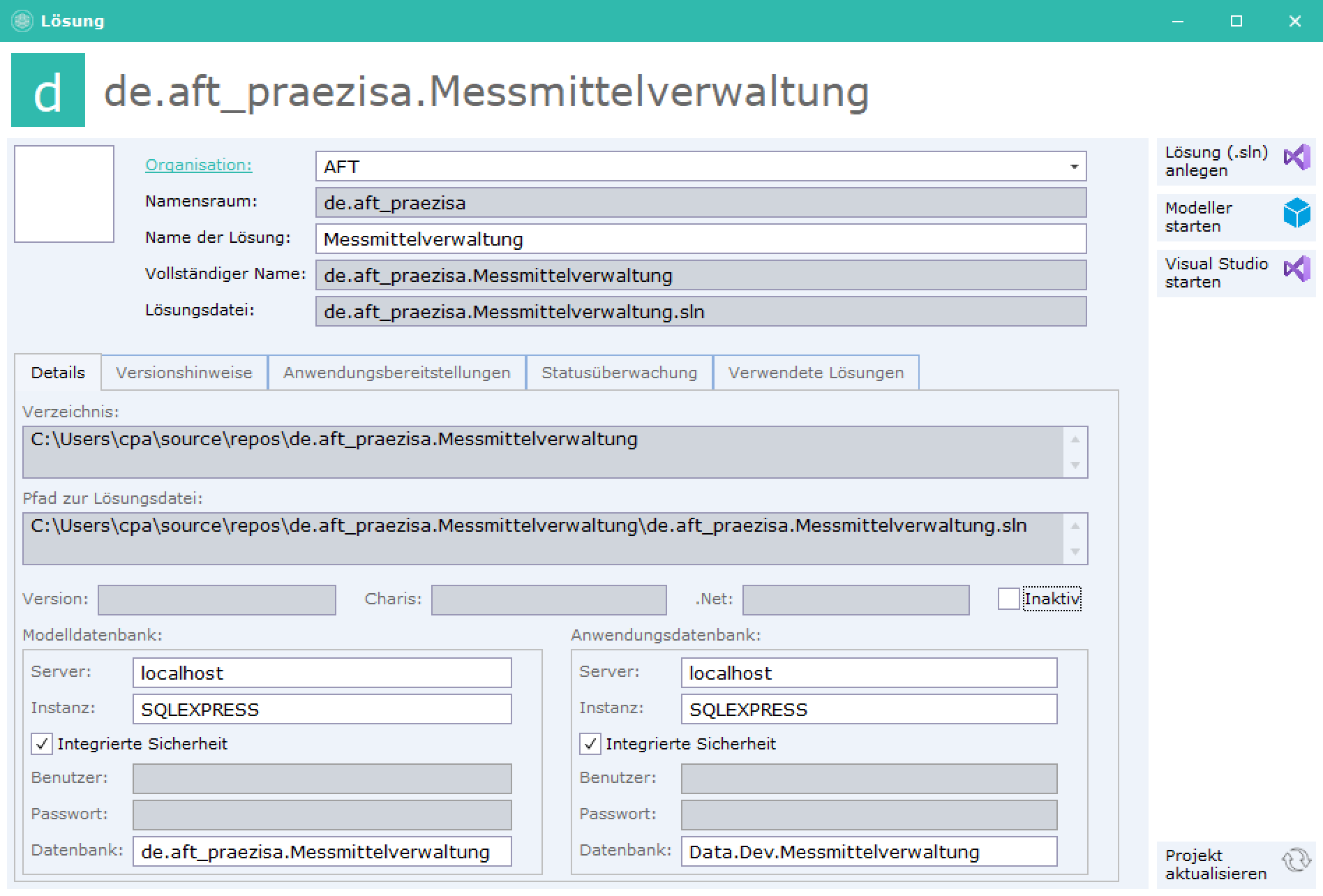 Formular Lösung de.aft_praezisa.Messmittelverwaltung mit allen abgeleiteten Werten: Vollständiger Name, Lösungsdatei, Verzeichnis, Pfad zur Lösungsdatei, Modelldatenbank de.aft_praezisa.Messmittelverwaltung und Anwendungsdatenbank Data.Dev.Messmittelverwaltung.