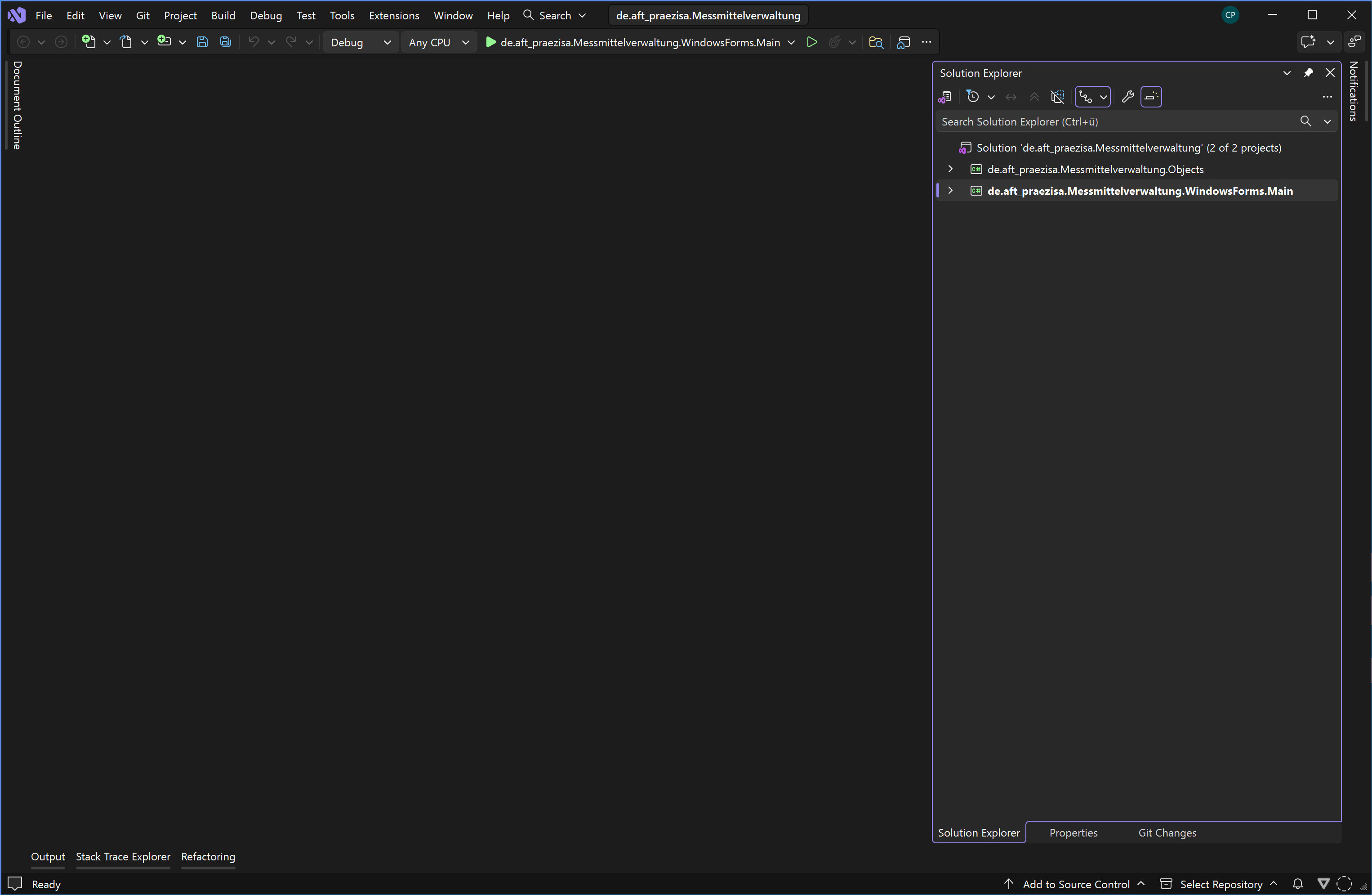 Visual Studio mit der Lösung de.aft_praezisa.Messmittelverwaltung im Solution Explorer und den beiden Projekten de.aft_praezisa.Messmittelverwaltung.Objects und de.aft_praezisa.Messmittelverwaltung.WindowsForms.Main; das zweite ist fett gedruckt, es ist das Startprojekt.