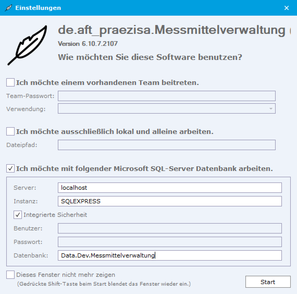 Dasselbe Fenster ausgefüllt: Option Microsoft SQL-Server ausgewählt, Server localhost, Instanz SQLEXPRESS, Integrierte Sicherheit, Datenbank Data.Dev.Messmittelverwaltung.