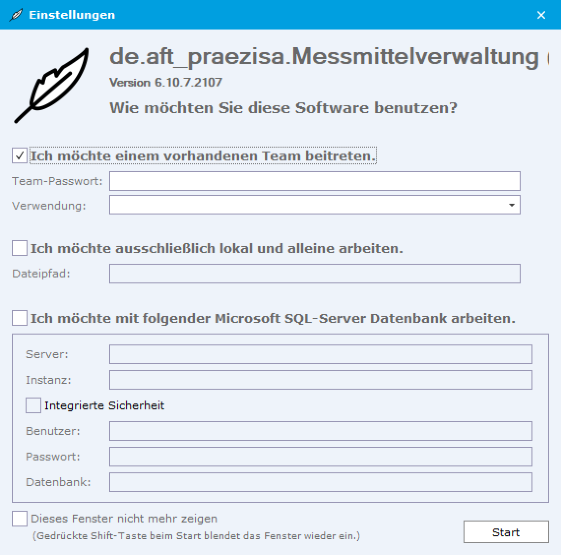 Fenster Einstellungen der Anwendung de.aft_praezisa.Messmittelverwaltung: Option Ich möchte einem vorhandenen Team beitreten ist ausgewählt, die Felder für den SQL Server sind leer.