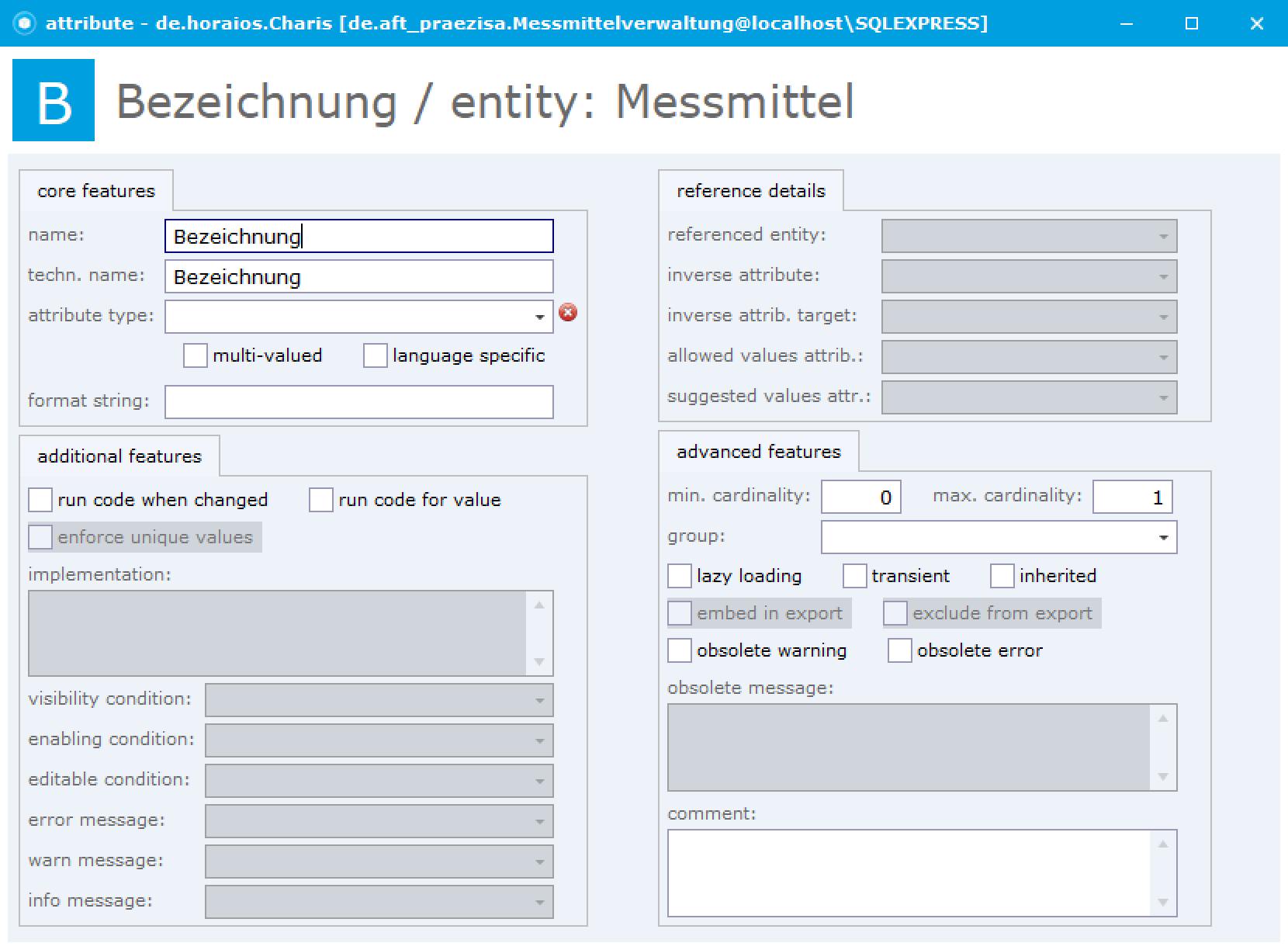 Nach dem Verlassen des Feldes: techn. name Bezeichnung ist ausgefüllt, nur attribute type ist noch rot markiert.