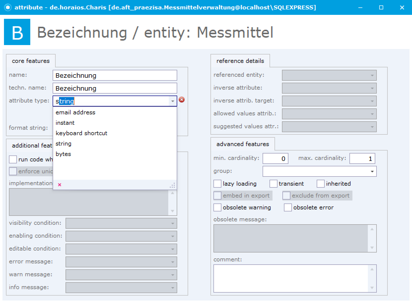 Nach Eingabe von s: Vorschlag string, die Liste ist gefiltert auf email address, instant, keyboard shortcut, string und bytes.