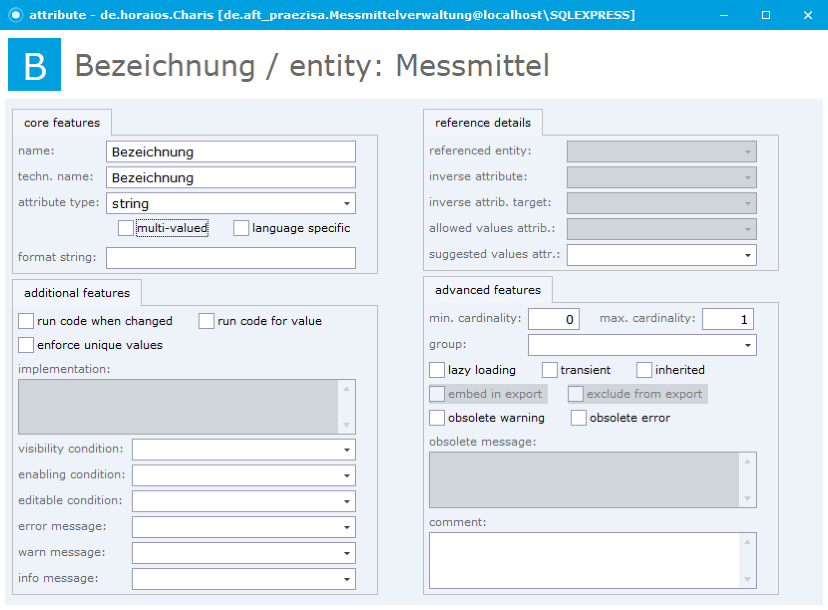 Formular des Attributs Bezeichnung mit attribute type string; weitere Felder wie enforce unique values sind jetzt aktiv.