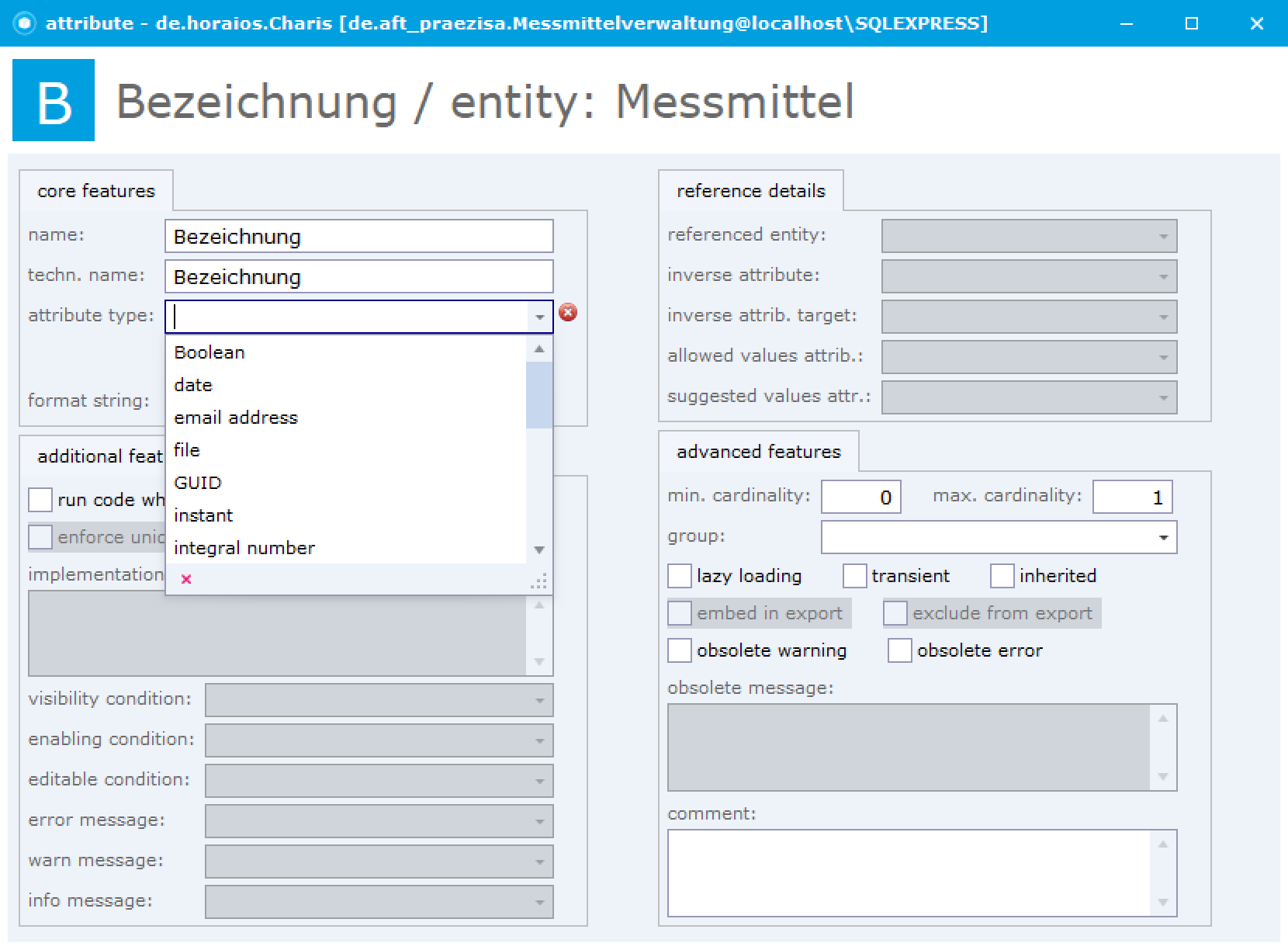 Die geöffnete Liste attribute type mit Boolean, date, email address, file, GUID, instant, integral number und weiteren Typen.