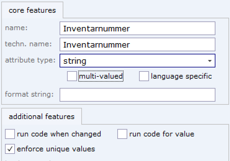 Attribut Inventarnummer vom Typ string mit angehaktem enforce unique values.