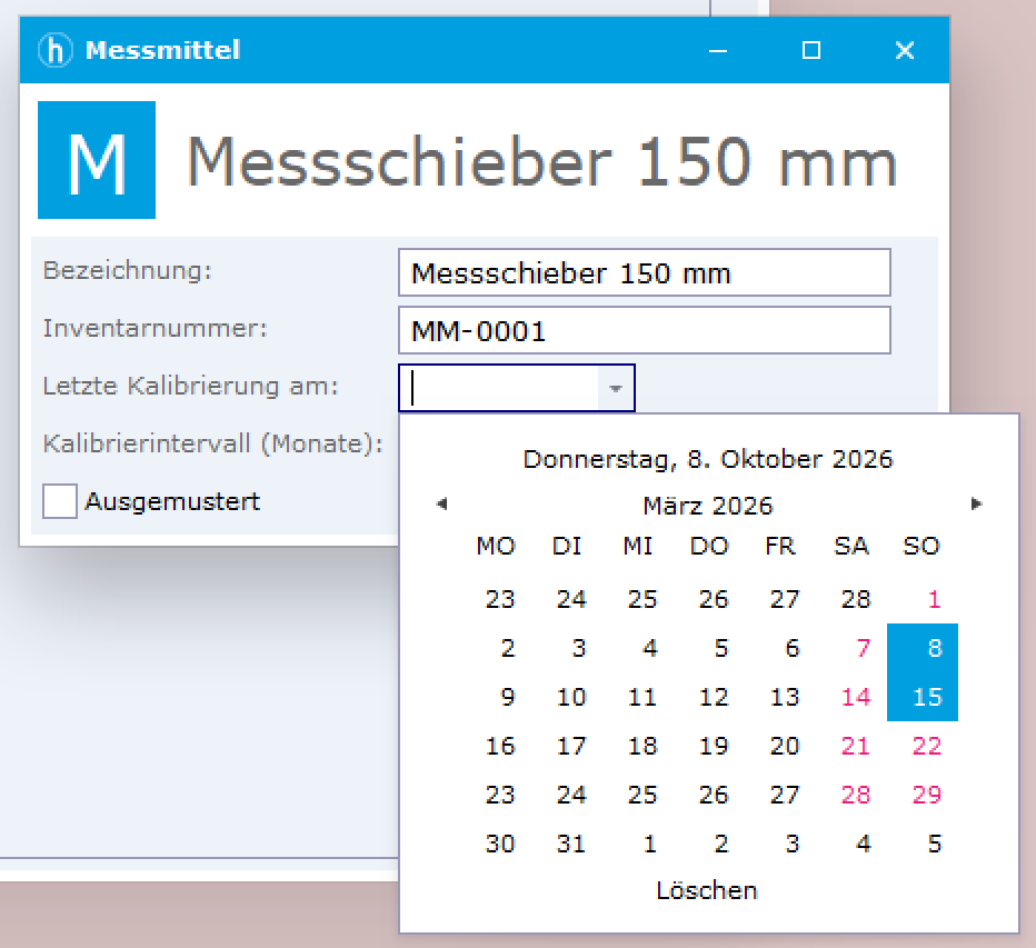 Formular mit dem Titel Messschieber 150 mm und geöffnetem Kalender zur Auswahl des Datums der letzten Kalibrierung.