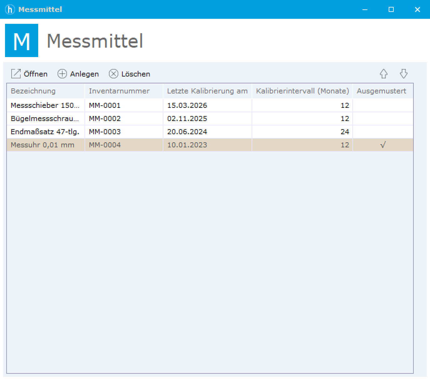 Liste Messmittel mit den vier erfassten Messmitteln; das Datum im Format dd.MM.yyyy, die Intervalle rechtsbündig, bei der Messuhr ein Haken unter Ausgemustert.