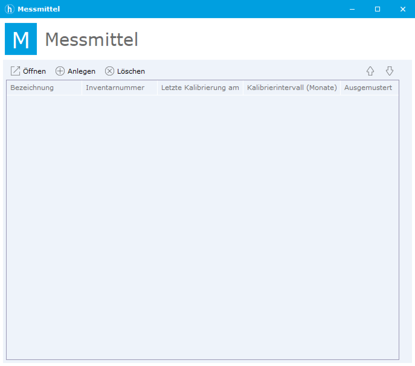 Leere Liste Messmittel mit den Spalten Bezeichnung, Inventarnummer, Letzte Kalibrierung am, Kalibrierintervall (Monate) und Ausgemustert.