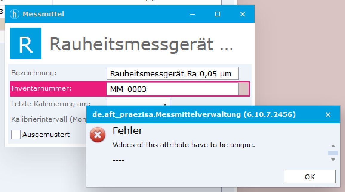 Formular des Rauheitsmessgeräts mit rot hinterlegtem Feld Inventarnummer MM-0003 und Fehlermeldung: Values of this attribute have to be unique.