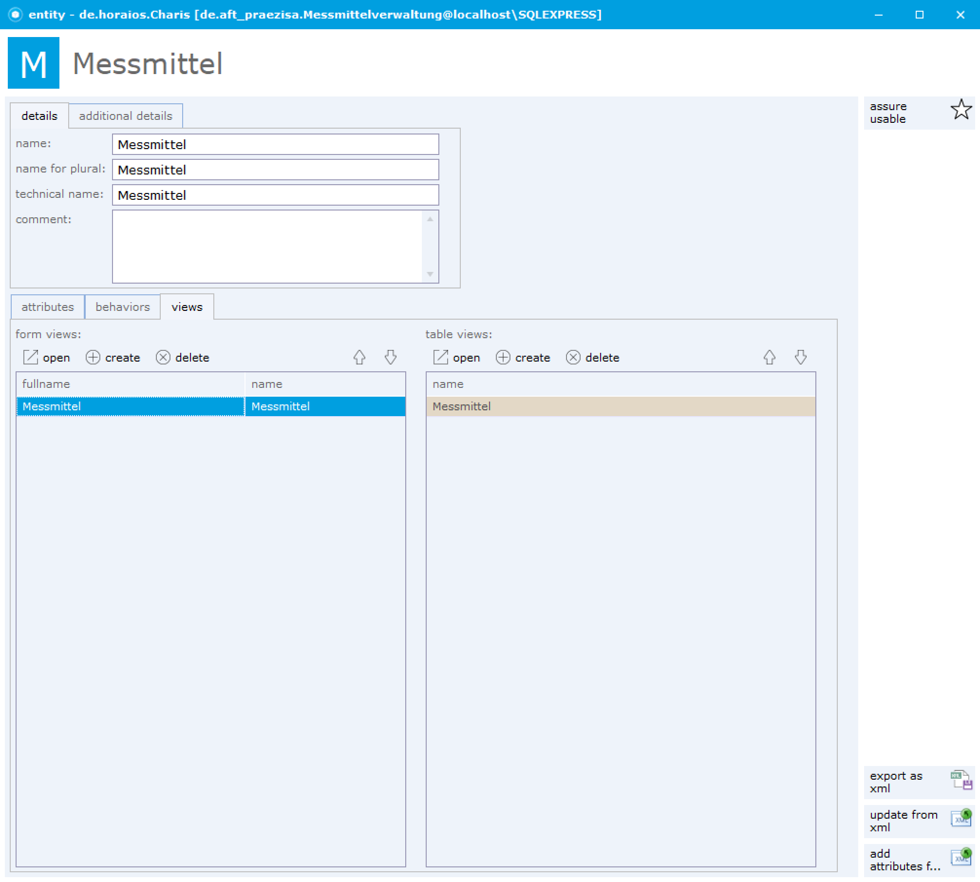 Formular der Entität Messmittel, Reiter views mit der form view Messmittel und der table view Messmittel.