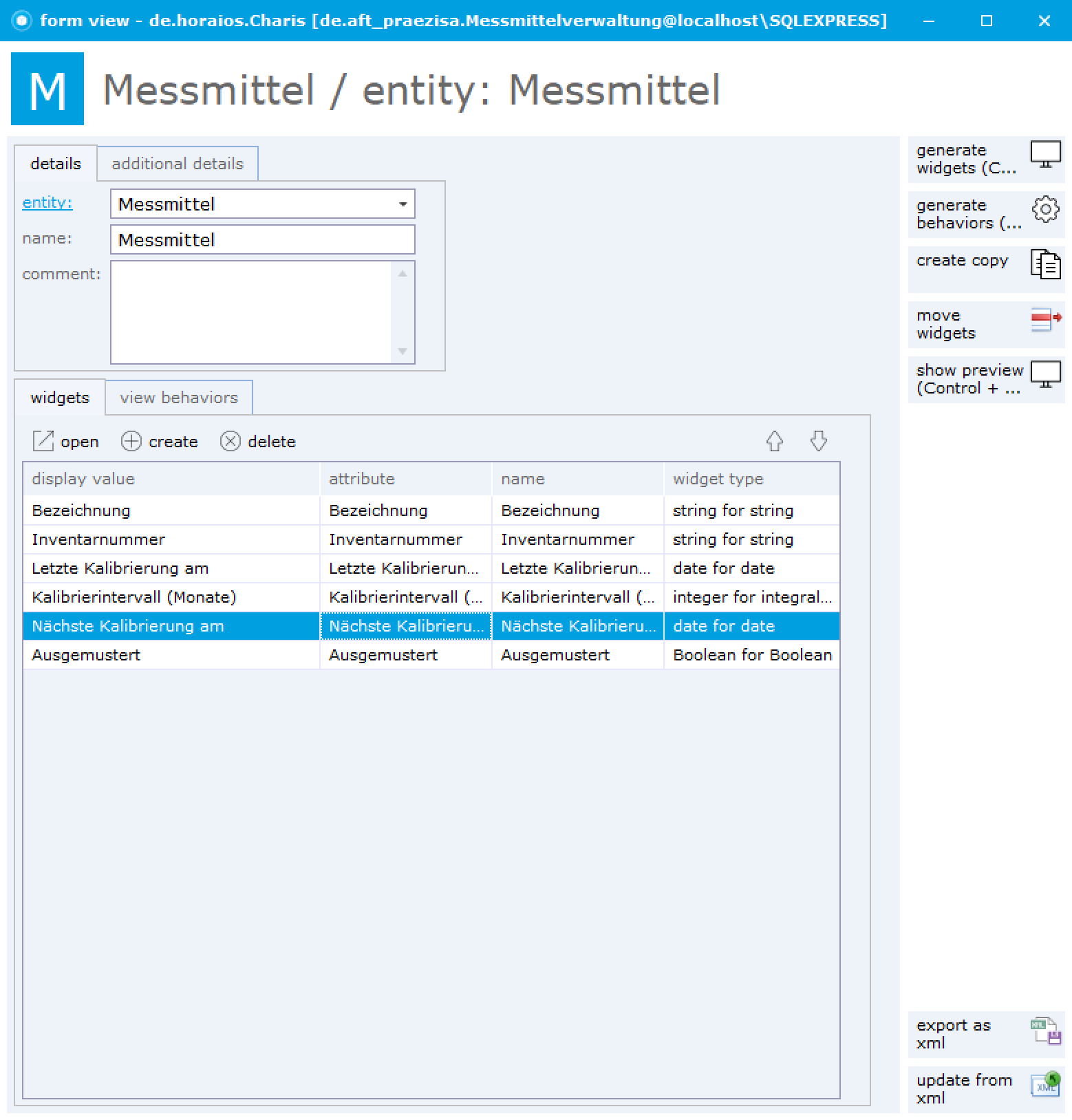 form view Messmittel mit den widgets; neu ist Nächste Kalibrierung am mit dem widget type date for date.