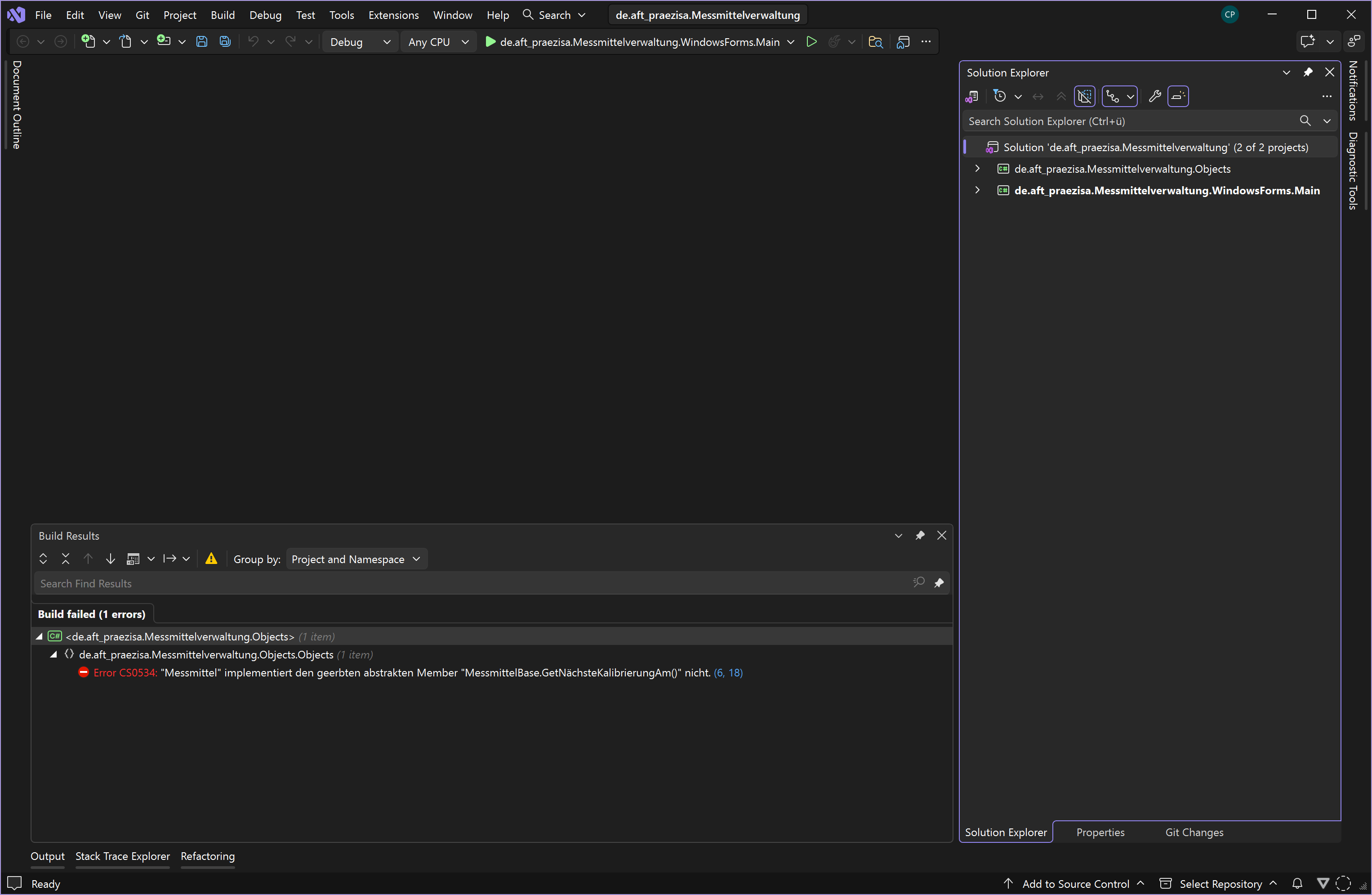 Visual Studio mit der Error List (Fehlerliste): CS0534, Messmittel implementiert den geerbten abstrakten Member MessmittelBase.GetNächsteKalibrierungAm() nicht.