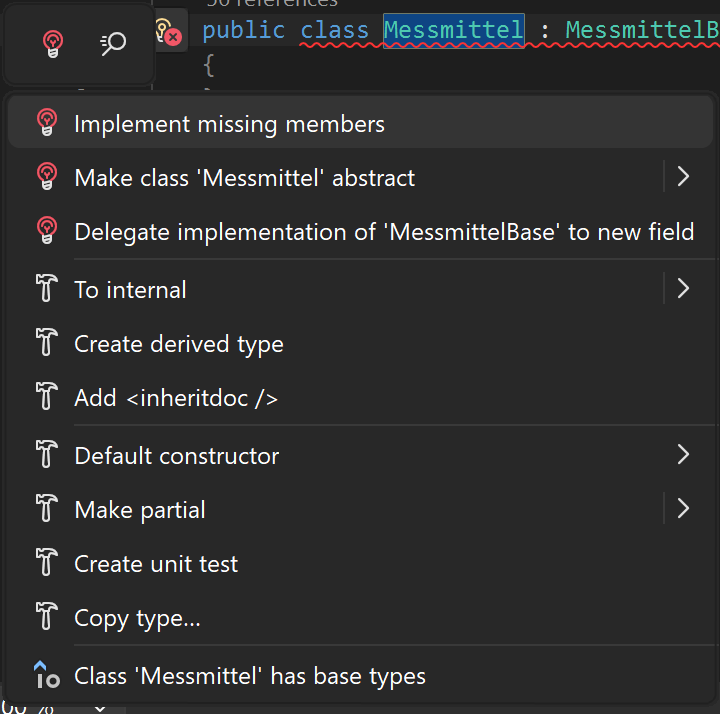 Visual Studio Quick Actions mit dem Eintrag Implement missing members.