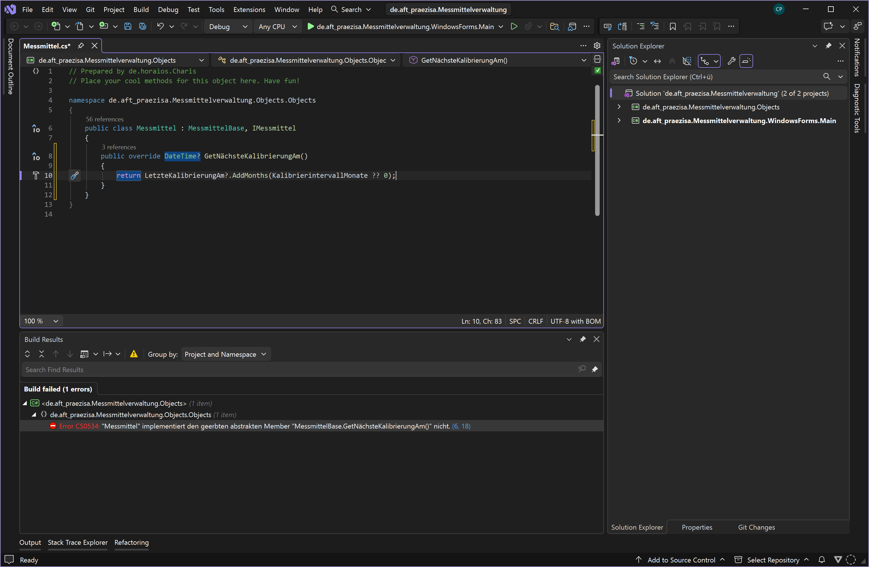 Visual Studio mit der fertigen Methode GetNächsteKalibrierungAm in Messmittel.cs.