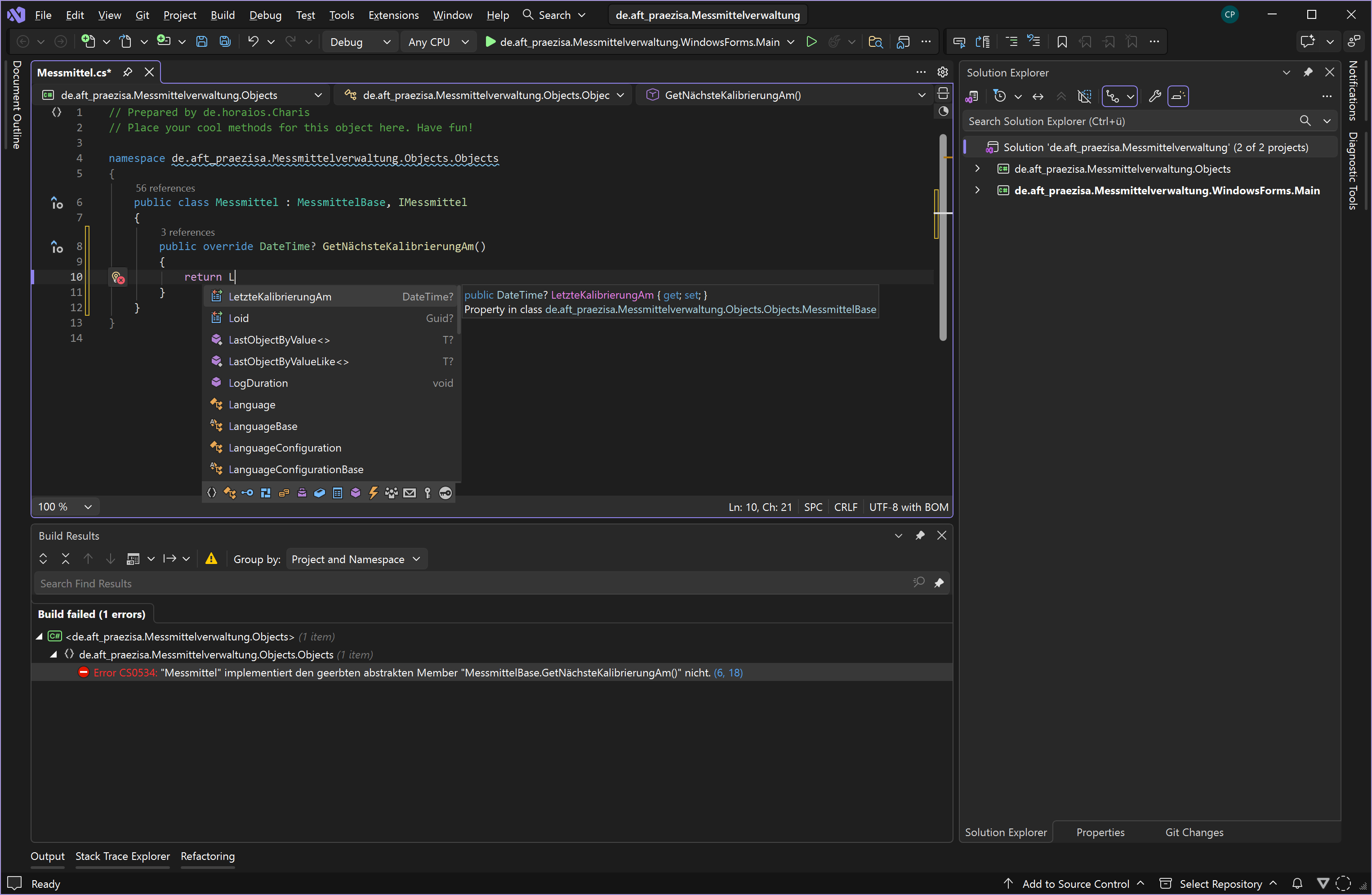 Visual Studio mit IntelliSense-Vorschlägen; LetzteKalibrierungAm ist als Eigenschaft vom Typ DateTime? ausgewählt.
