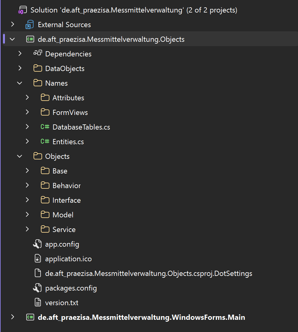 Solution Explorer mit dem Objektprojekt und den Ordnern DataObjects, Names und Objects mit den Unterordnern Base, Behavior, Interface, Model und Service.