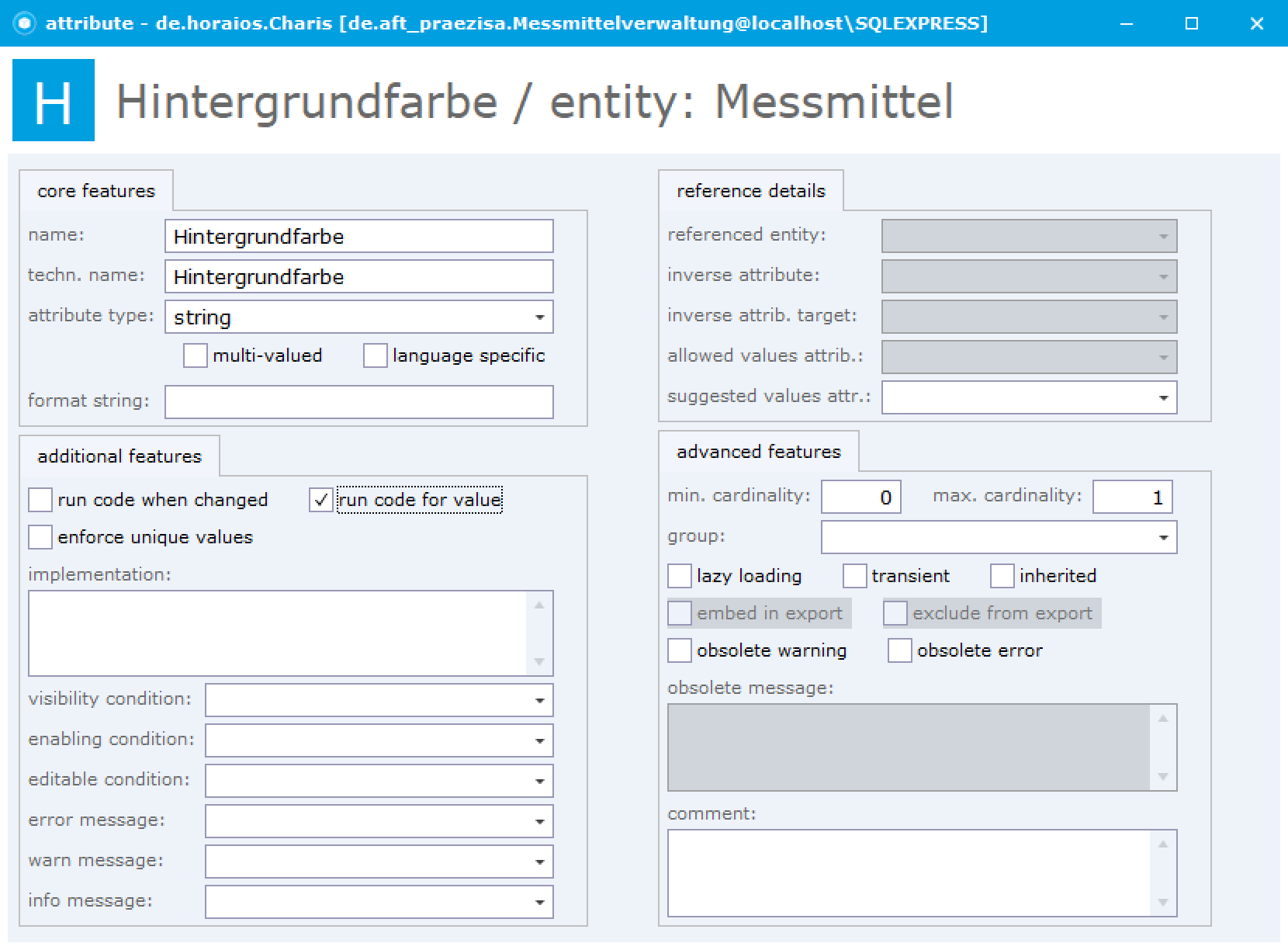 Formular des Attributs Hintergrundfarbe, Typ string, mit angehaktem run code for value.
