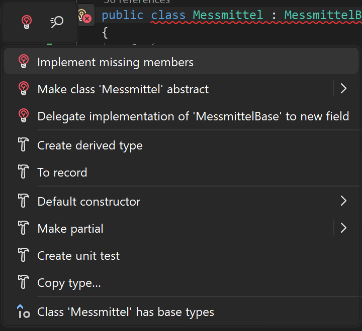 Visual Studio Quick Actions mit dem Eintrag Implement missing members für GetHintergrundfarbe.