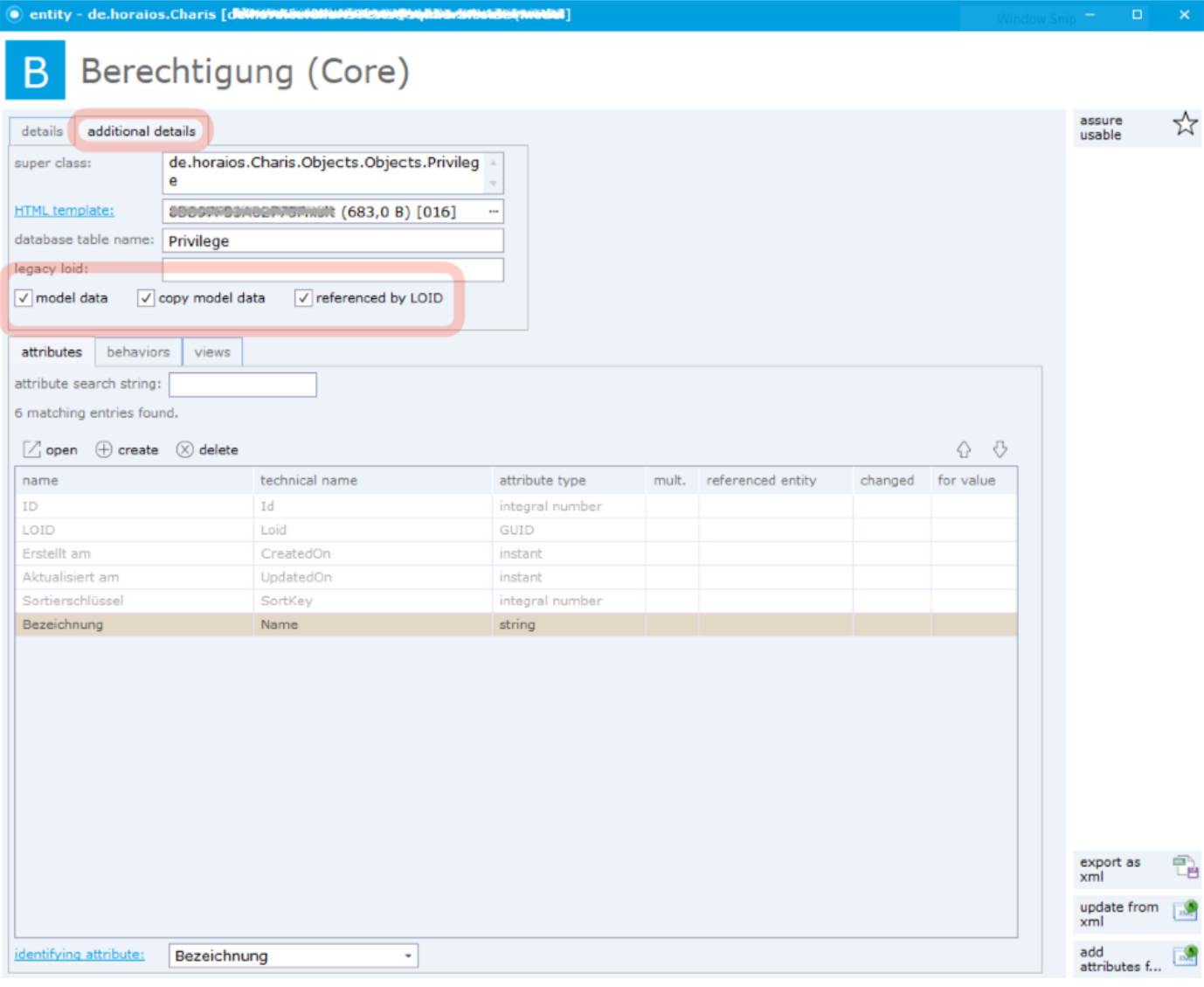 Entitätsfenster „Berechtigung (Core)“ in Charis: Auf dem Reiter „additional details“ sind die Optionen „model data“, „copy model data“ und „referenced by LOID“ angehakt.